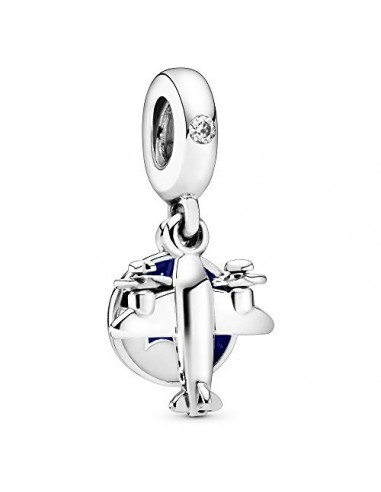 Pandora Unisex Airplane Silver Dangle With Clear Cubic Zirconia, Blue And White Enamel