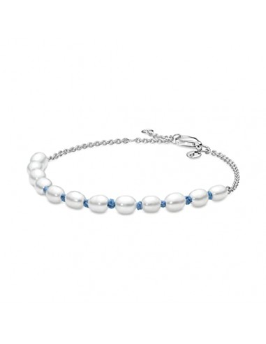 Pandora Unisex Sterling Silver Bracelet With White Freshwater Cultured Pearl And Blue Cord